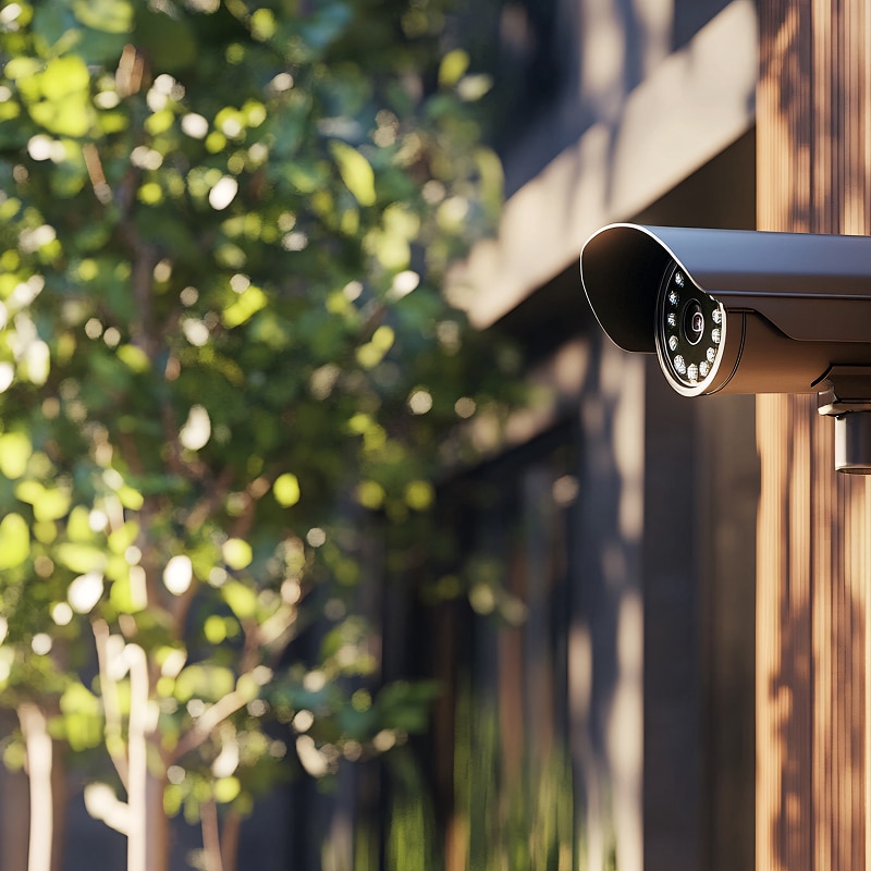Caméra Sécurité Extérieure Fixée au Mur en Bois Caméra de surveillance extérieure noire avec LED infrarouges, fixée à un mur en bois strié, devant un feuillage vert flou en plein soleil.