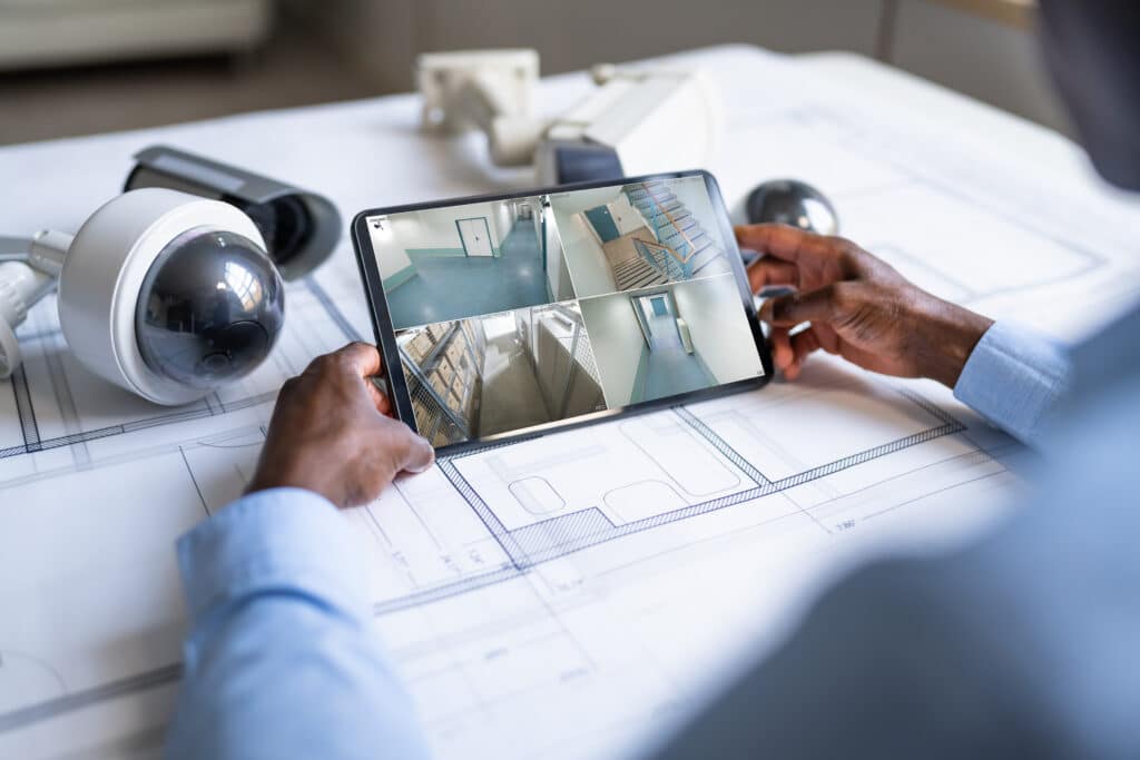 Ingénieur noir vérifie des plans d'étage avec une tablette affichant quatre flux de caméras de sécurité.